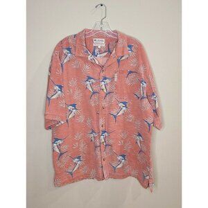 Columbia Mens Button Shirt Fish Marlin Swordfish L Orange Short Sleeve Hawaiian